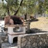 Barbecue in muratura tra gli alberi.