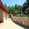 Un patio con mura in pietra e vegetazione.