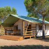 Tenda glamping con veranda in un campo alberato.