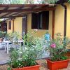Una casetta gialla con patio e piante in vaso.