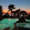 Piscina con palme al tramonto.