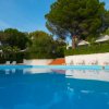 Piscina circondata da alberi e sedie a sdraio.
