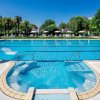 Piscina azzurra con sedie a sdraio e palme.