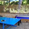 Un tavolo da ping pong blu accanto a un tavolo da air hockey in un'area esterna coperta.