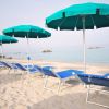 Sedie a sdraio blu e ombrelloni verdi su spiaggia sabbiosa.
