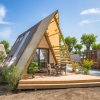 Bungalow a forma di A con veranda e arredi esterni.