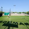 Campo da tennis in erba sintetica, persona che gioca sotto un cielo limpido.