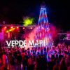 Concerto notturno con luci colorate e folla davanti al palco con scritta 