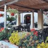 Ristorante all'aperto con tavoli e piante colorate.