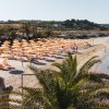 Spiaggia con ombrelloni gialli, palme e mare calmo.