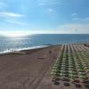 Spiaggia con file di ombrelloni verdi e gialli.