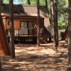 Chalet in legno tra gli alberi.