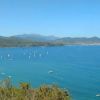 Vista panoramica di una baia con vele bianche e colline sullo sfondo.