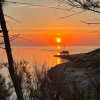 Tramonto sul mare con cielo arancione e molo visto tra rami di alberi.