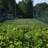 Campo da calcio circondato da alberi e vegetazione.
