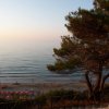 Spiaggia al tramonto con mare e ombrelloni arancioni.