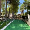 Campo di bocce all'aperto circondato da alberi e recinzione.