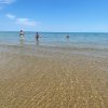 Persone in acqua bassa con onde leggere e cielo limpido sopra un mare azzurro.