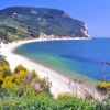 Spiaggia sabbiosa con mare turchese e una scogliera verde ricoperta di vegetazione.