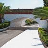 Strada sotto un ponte con palme e cespugli lungo i lati.