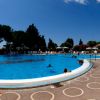 Ampia piscina con bagnanti e sdraio, circondata da alberi.