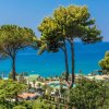 Vista sul mare blu con alberi alti, palme e parte di un complesso con piscine.