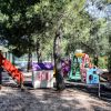 Parco giochi con scivoli colorati tra alberi e ombre.