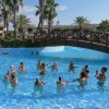 Gruppo di persone in una piscina sotto un ponte in legno, circondati da palme.