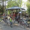 Un gruppo di persone sotto un gazebo circondato da biciclette parcheggiate tra alberi.