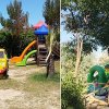 Area giochi con scivoli colorati e casetta.