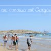 Persone su una spiaggia affollata con la scritta 