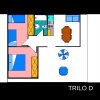 Piantina colorata di un appartamento con due camere da letto, cucina e soggiorno.