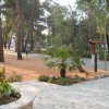 Un'area alberata con aiuole e un sentiero pavimentato.