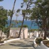 Strada alberata con vista sul mare e piccoli edifici bianchi.