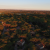 Vista aerea di una foresta con case sparse e paesaggio collinare all'orizzonte al tramonto.